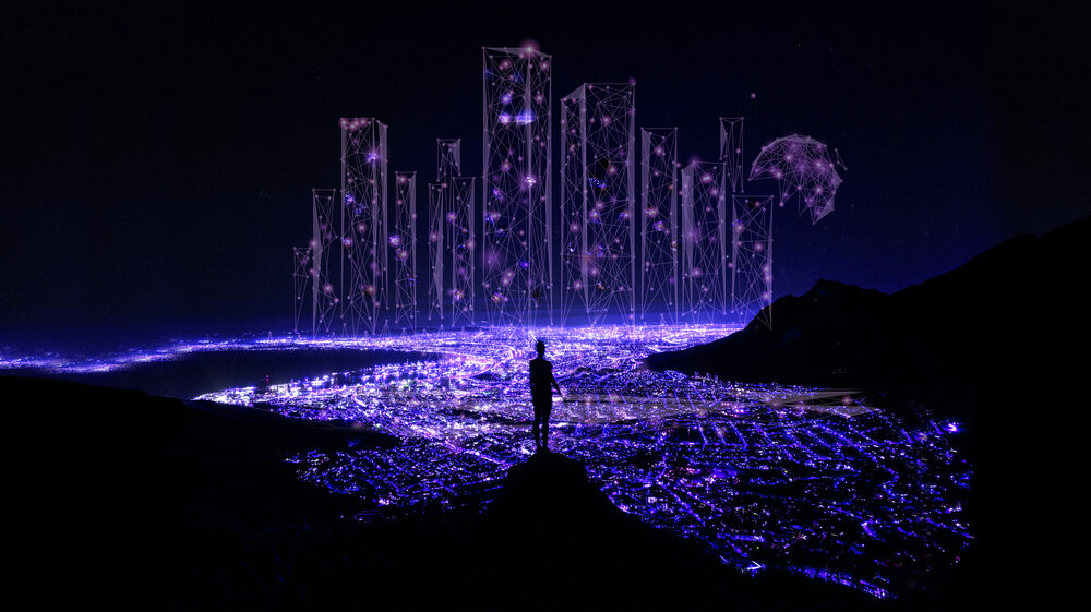 Glowing lights surrounded by darkness with person standing in the middle